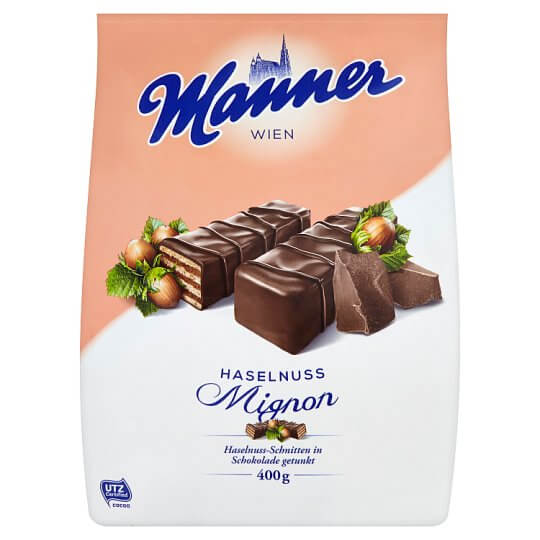 Manner Wafers Hazelnut Dark Chocolate HEAT SENSITIVE ITEM. PLEASE ADD ITEM 122942 TO THE ORDER TO TRY TO PROTECT CHOCOLATES FROM HEAT DAMAGE 400g