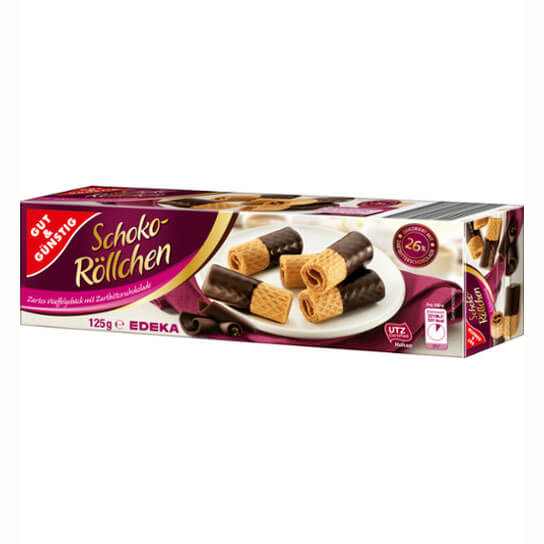 Gut and Gunstig Dark Chocolate Wafer Rolls  HEAT SENSITIVE ITEM. PLEASE ADD ITEM 122942 TO THE ORDER TO TRY TO PROTECT CHOCOLATES FROM HEAT DAMAGE. 125g