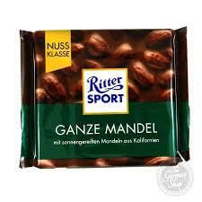 Ritter Sport Milk Chocolate With Whole Almonds  HEAT SENSITIVE ITEM. PLEASE ADD ITEM 122942 TO THE ORDER TO TRY TO PROTECT CHOCOLATES FROM HEAT DAMAGE. 100g