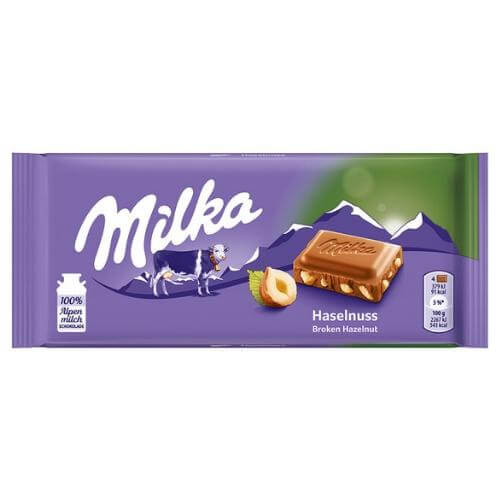 Milka Hazelnut (Broken) Milk Chocolate Bar  HEAT SENSITIVE ITEM. PLEASE ADD ITEM 122942 TO THE ORDER TO TRY TO PROTECT CHOCOLATES FROM HEAT DAMAGE. 90g