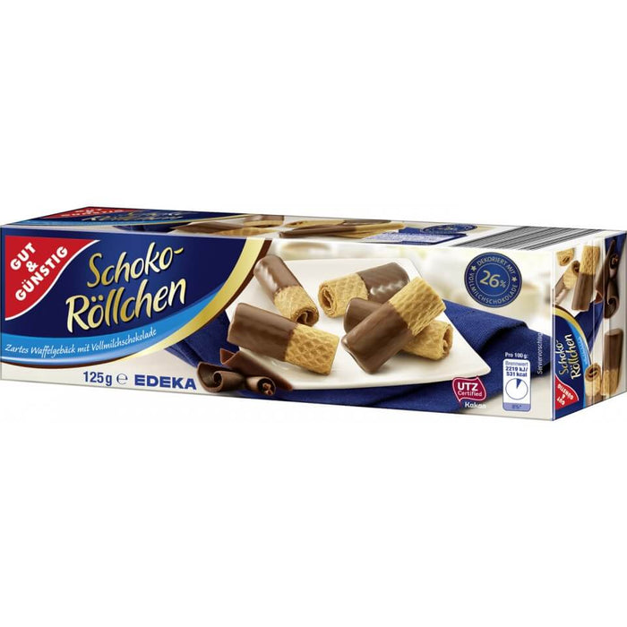 Gut and Gunstig Milk Chocolate Wafer Rolls  HEAT SENSITIVE ITEM. PLEASE ADD ITEM 122942 TO THE ORDER TO TRY TO PROTECT CHOCOLATES FROM HEAT DAMAGE. 125g