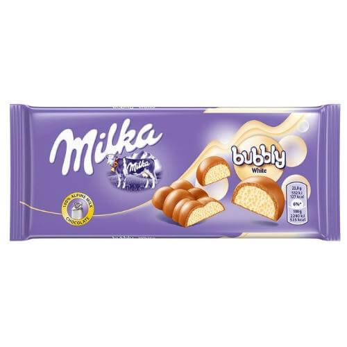 Milka Bubbly White Chocolate Bar  HEAT SENSITIVE ITEM. PLEASE ADD ITEM 122942 TO THE ORDER TO TRY TO PROTECT CHOCOLATES FROM HEAT DAMAGE. 95g