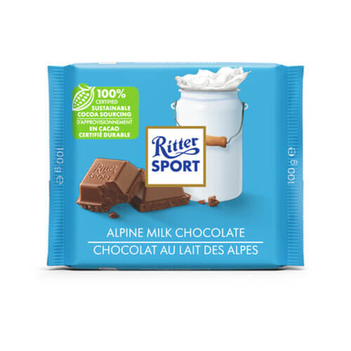 Ritter Sport Alpine Milk Chocolate Bar  HEAT SENSITIVE ITEM. PLEASE ADD ITEM 122942 TO THE ORDER TO TRY TO PROTECT CHOCOLATES FROM HEAT DAMAGE. 100g