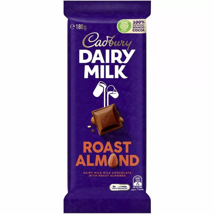 Cadbury Dairy Milk Roast Almond Block (Australia)  HEAT SENSITIVE ITEM. PLEASE ADD ITEM 122942 TO THE ORDER TO TRY TO PROTECT CHOCOLATES FROM HEAT DAMAGE. 180g